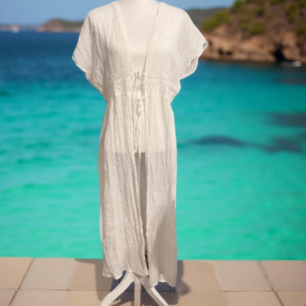 White coverup with lace and embroidered - beach - duster- kimono Medium